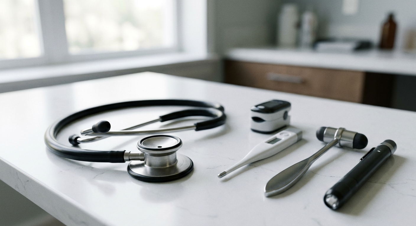 Detailaufnahme eines Stethoskops und medizinischer Instrumente