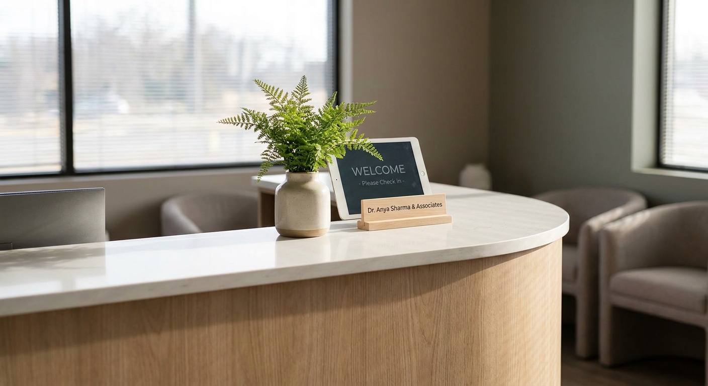 Detailaufnahme des Anmeldebereichs mit dezenter Pflanzendekoration