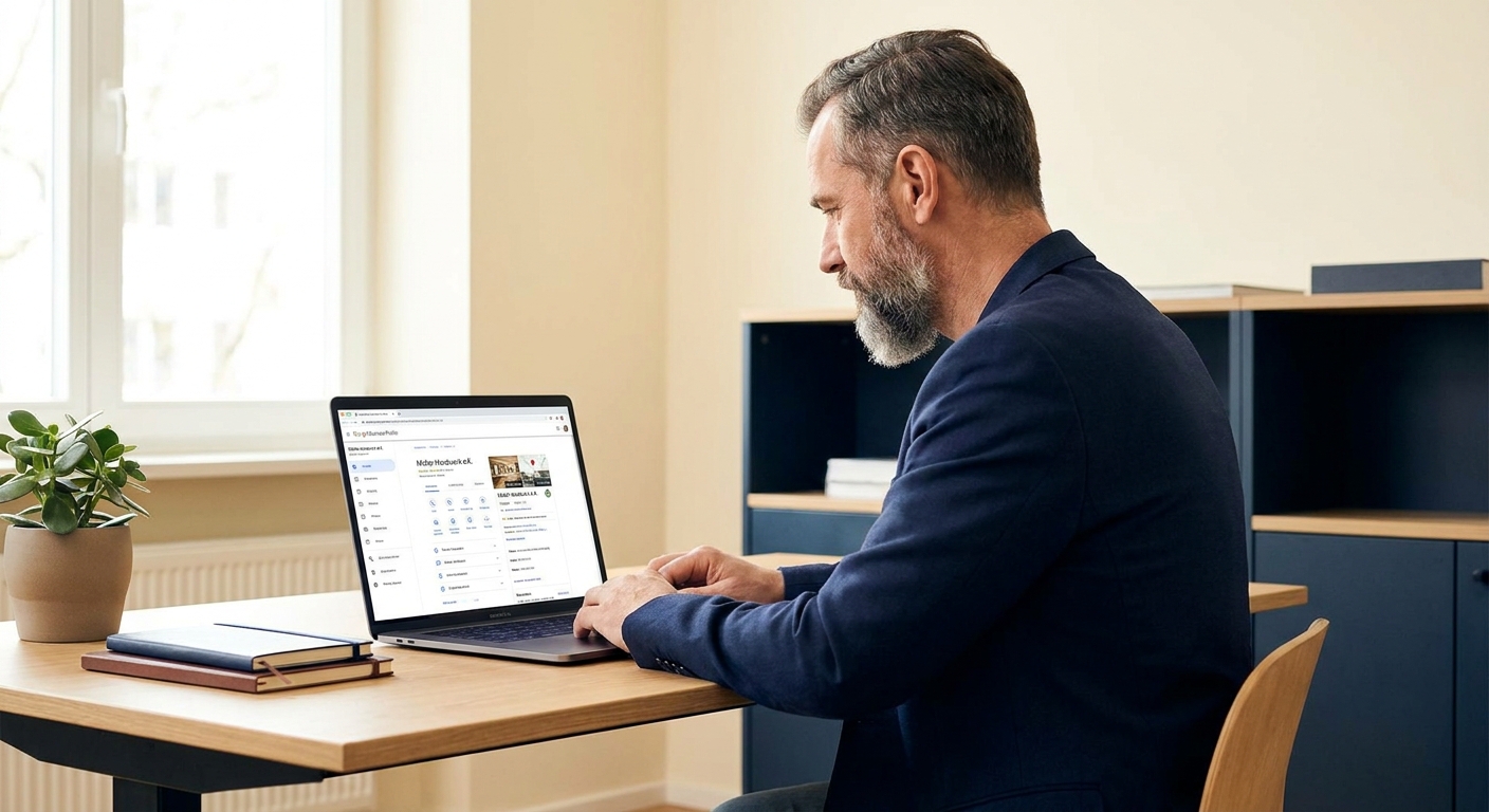Unternehmer betrachtet sein Google-Unternehmensprofil am Laptop