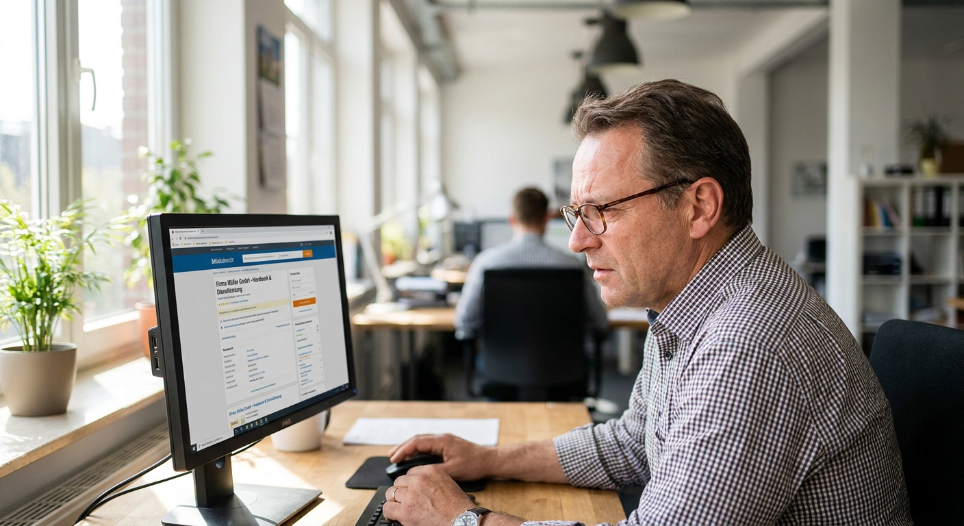 Unternehmer prüft sein Google-Unternehmensprofil am Computer