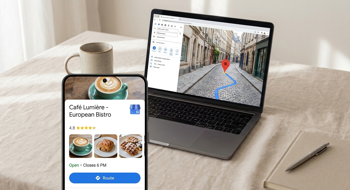 Google Unternehmensprofil auf einem Smartphone und Google Maps auf einem Laptop